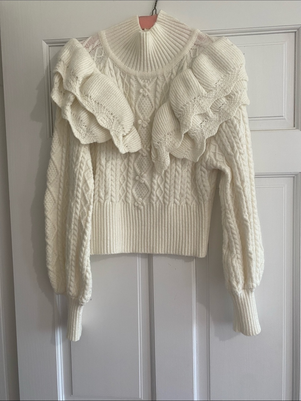 Ivory Ruffled Cable Knit Sweater - Women's